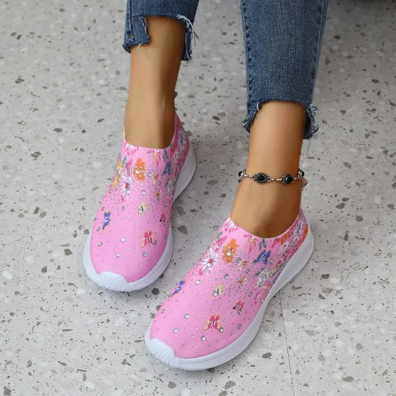 Flower Print Knitted Sneakers Women Shiny Crystal Breathable Walking Shoes Woman Plus Size Casual Non-Slip Sock Shoes Ladies