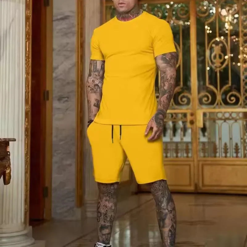 2025 Fashionable and casual summer outdoor sports suit men's breathable T-shirt shorts casual and fashionable two-piece set