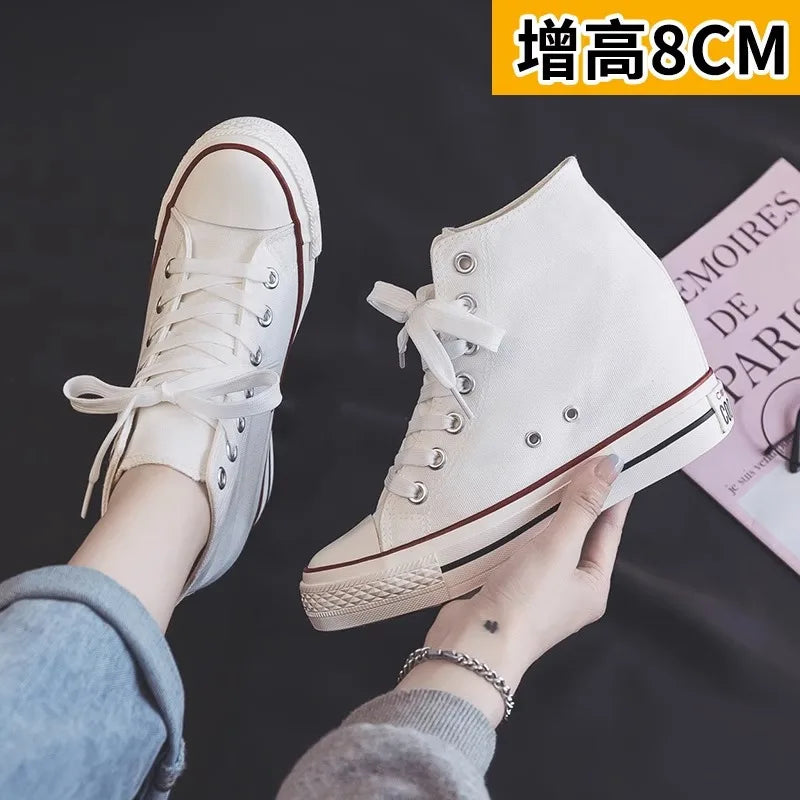 8cm High Heels Shoes Casual Canvas Shoes Platform Wedges High Top Ladies Hidden Wedge Heels Elevator Shoes