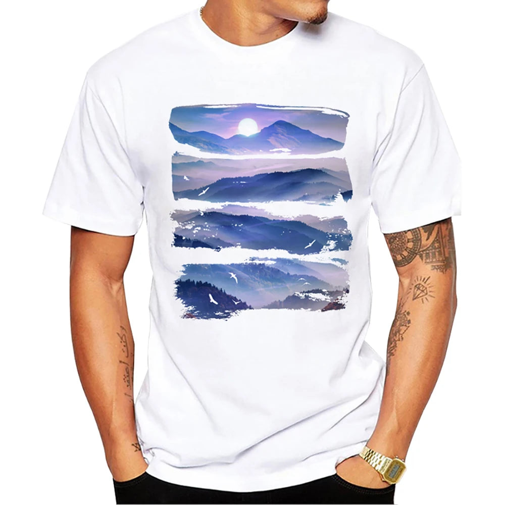 TEEHUB Mountain Sunset Brushstrokes Men T-Shirt African Safari Sunset T Shirts Short Sleeve Tshirts Geometric Harajuku Tee