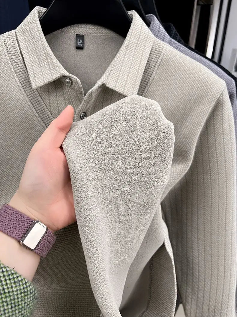 Mens Sweater Polo Collar Label Patchwork Stripes Plush Wool Liner Knitted Thickened Sweater Brand Luxury Print Thermo Menswear