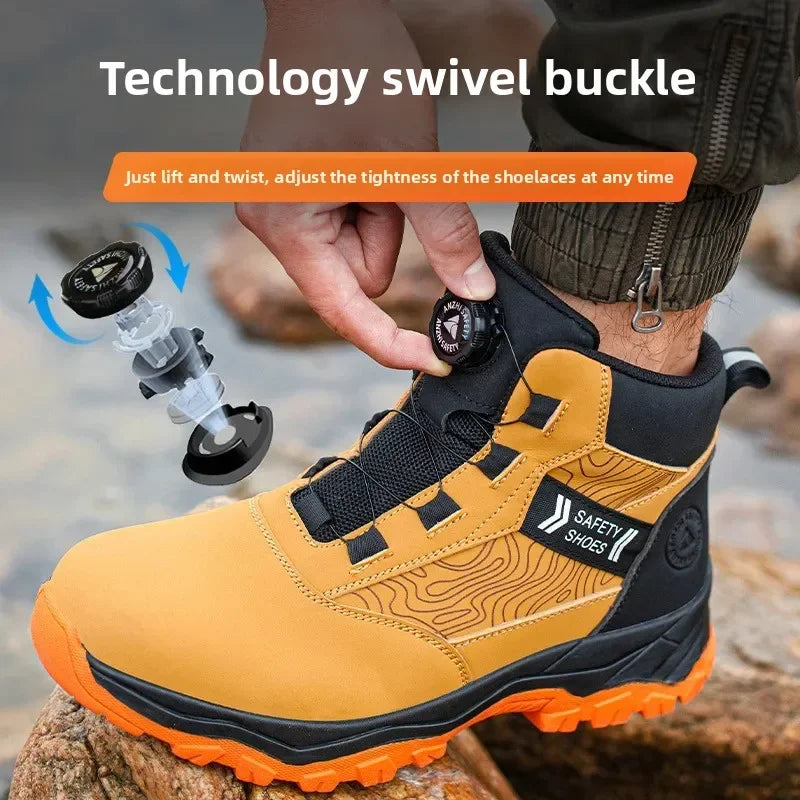 Waterproof Steel Toe Work Shoes Anti Crush Slip Resistant with Rotating Buckle No Tie Cross-Border Labor Protection Shoes