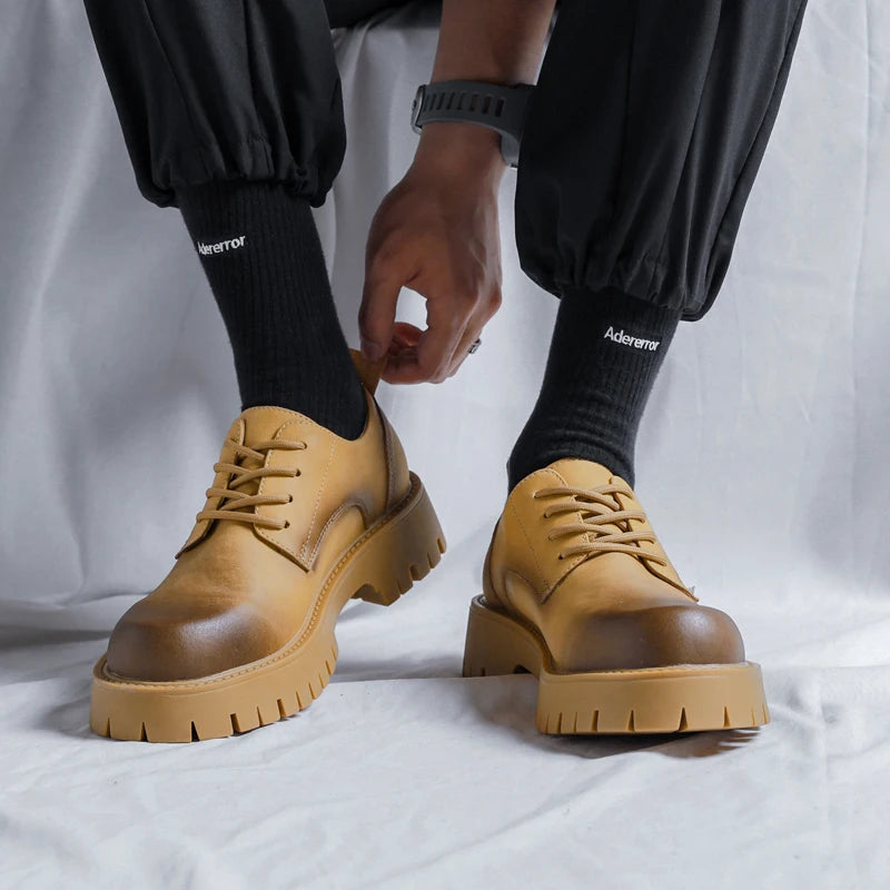 Men Korea Leather Platform Oxfords Slip On Thick Tottom For Male Derby Shoes Casual Loafers Mens Square Toe Formal Dress Shoes