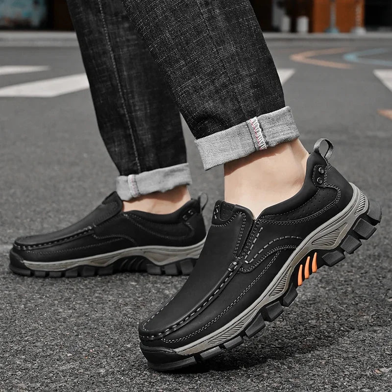 Retro Style Leather Loafers Mens Comfort Casual Shoes Breathable Male Driving Footwear Moccasin Travel Climbing Camping Footwear