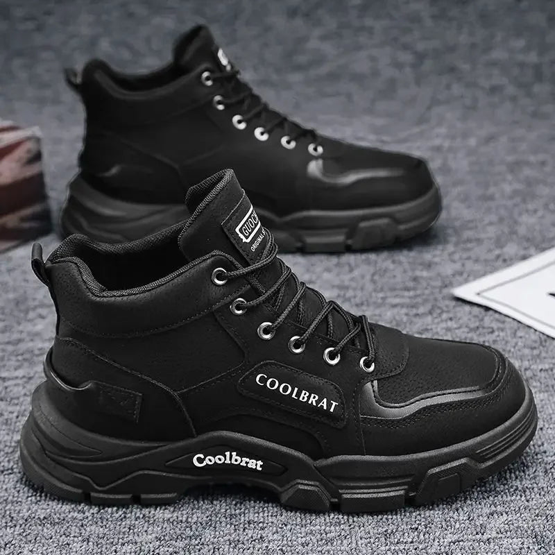 2026 new Men's High Top Boots Trendy Black Motorcycle Boots Outdoor Warm Platform Boots Men Lace-up Leather Boot Bota Masculina