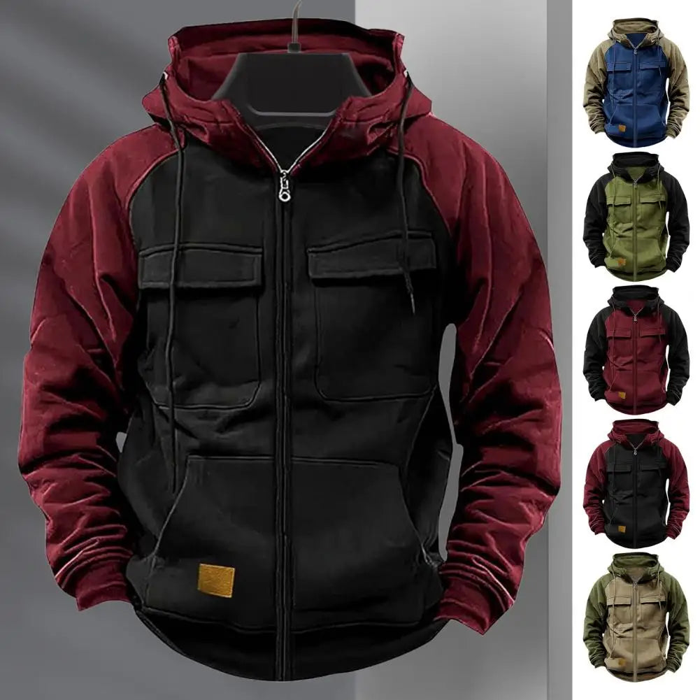 2024 Retro Cargo Hoodies Men's Half Zipper Solid Warm Fleece Sweatshirts Multi Pockets Male Hooded Jackets Thick Outdoor Hooded