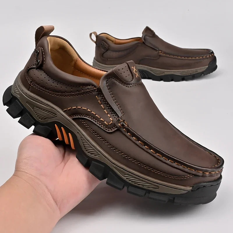 Retro Style Leather Loafers Mens Comfort Casual Shoes Breathable Male Driving Footwear Moccasin Travel Climbing Camping Footwear