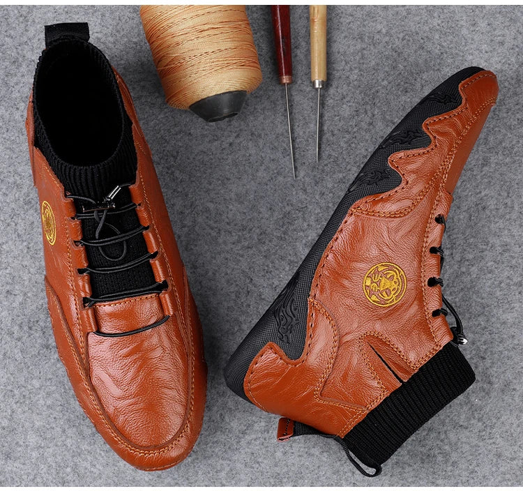 CLOHOO Men's Wear-resistant Boots Casual Classic Genuine Leather Handmade Shoes Ankle Round Toe Lace Up Walking Business Boot