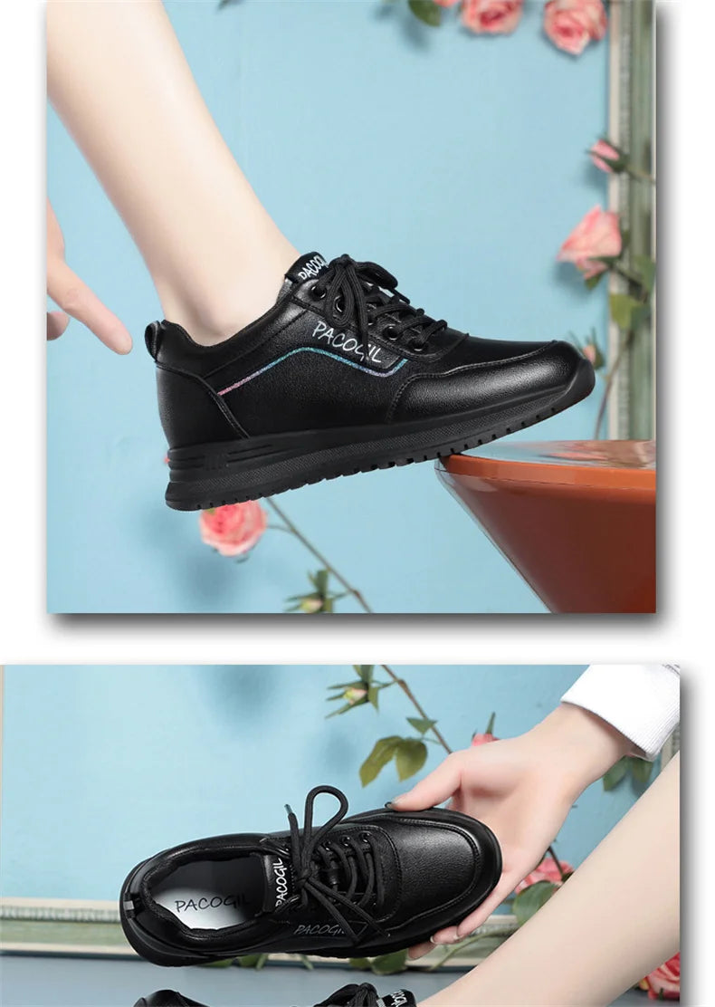 Women Versatile Non-slip Spring Autumn Soft Sole Soft Leather Shoes Fashion Breathable Lace-Up Solid Casual Flat Sneakers
