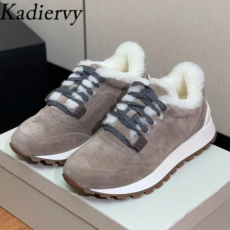 Casual New Sneakers Woman Round Toe Lace Up Outdoors Shoes Cow Suede Patchwork String Bead Comfort Flat Women's Sports Shoes