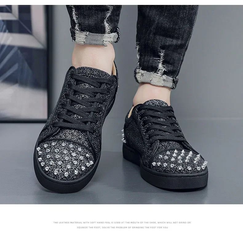 Trend Men Leather Casual Shoes Punk Style Rivet Flat Skate Shoes Young Man Street Black Sneaker