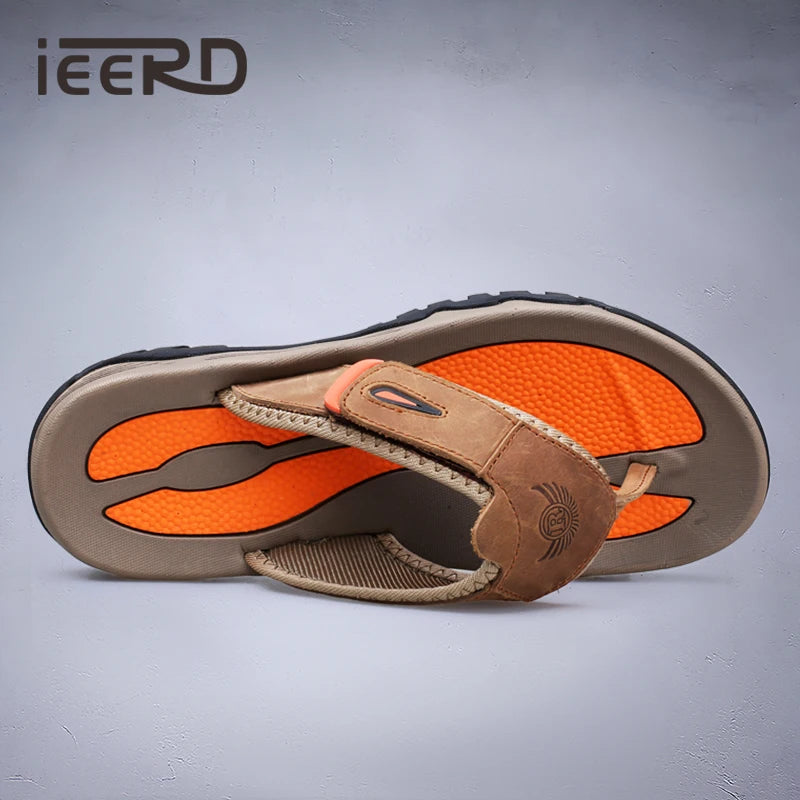 Cow Leather Outdoor Men Slippers Non-slip Wear-resistant Men's Flip Flops Summer Casual Shoes For Men Beach Sandals Plus Size