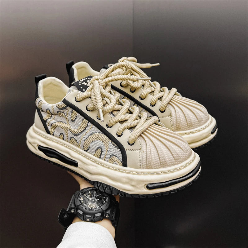 Sneakers Casual Mens Designer Dissolved Sole Board Shoes Fashion Leather Fabric Breathable Height Increased Platform Sport Shoes