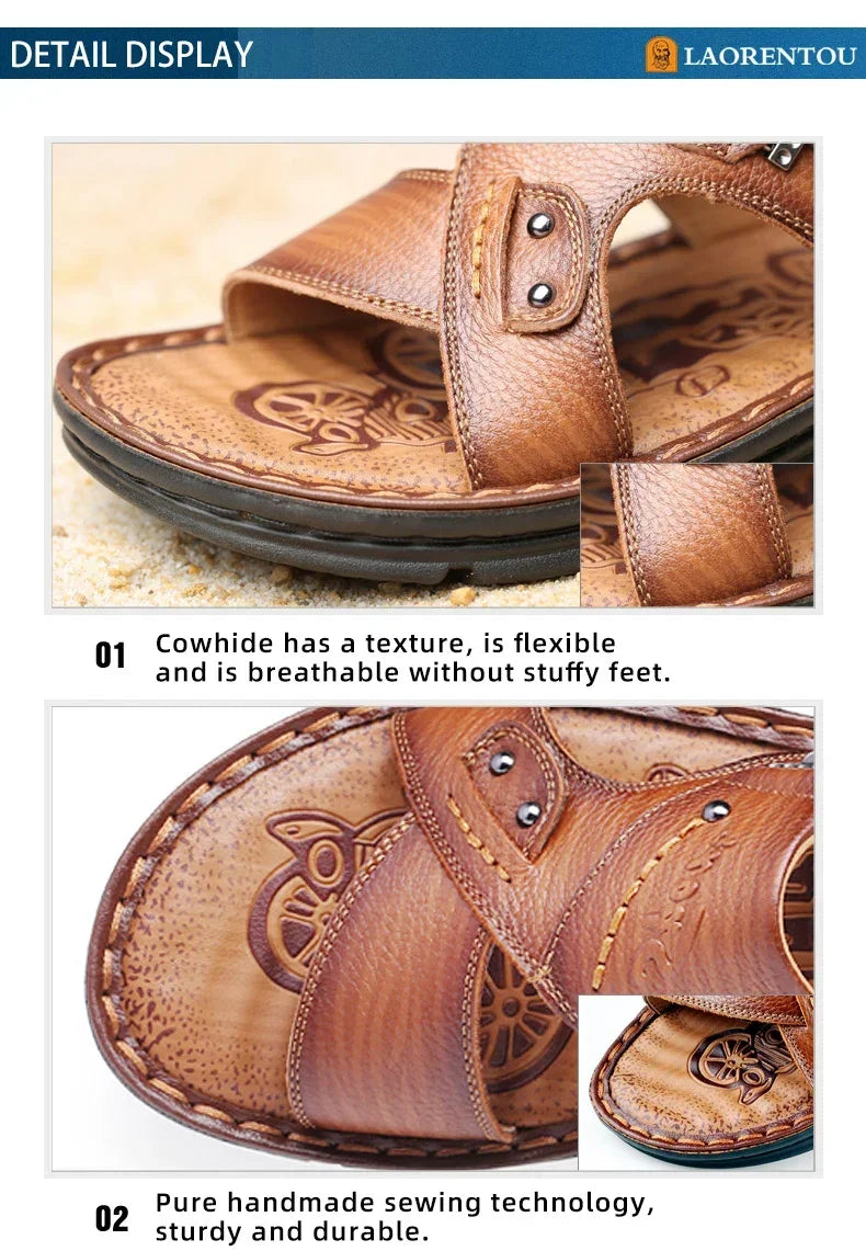 LAORENTOU leather male sandals casual beach shoes wear non-slip sandals and sliers cowhide