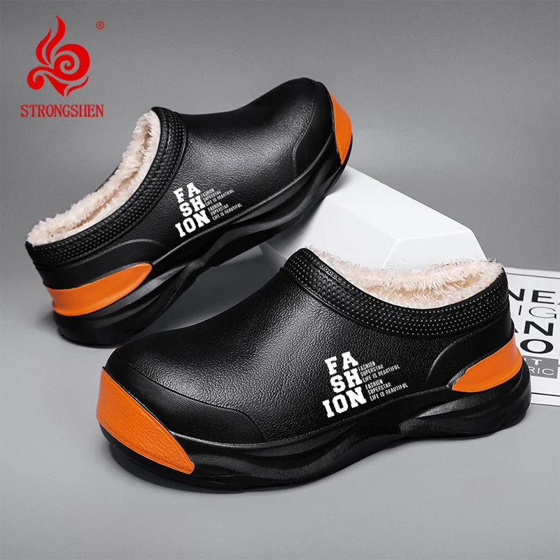 STRONGSHEN Men Plush Warm Chef Shoes Outdoor Garden Clogs Proffesional Waterproof Oilproof Non-Slip Kitchen Shoes For Pet Work