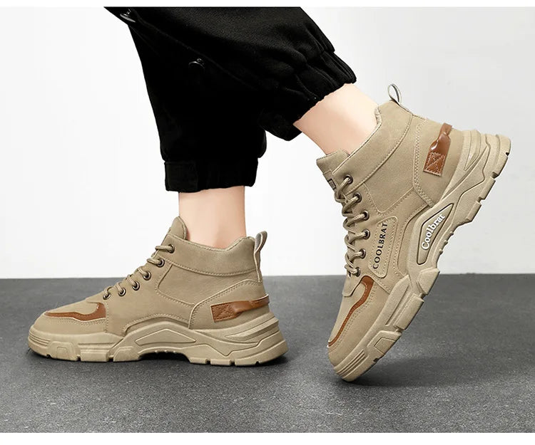 2026 new Men's High Top Boots Trendy Black Motorcycle Boots Outdoor Warm Platform Boots Men Lace-up Leather Boot Bota Masculina