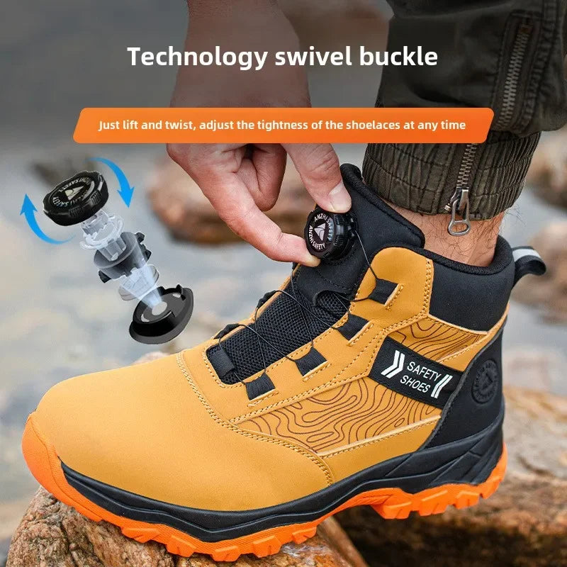 waterproof work shoes high man rotating button safety shoes anti-slip rubber outsole work boots sneakers with steel toe cap