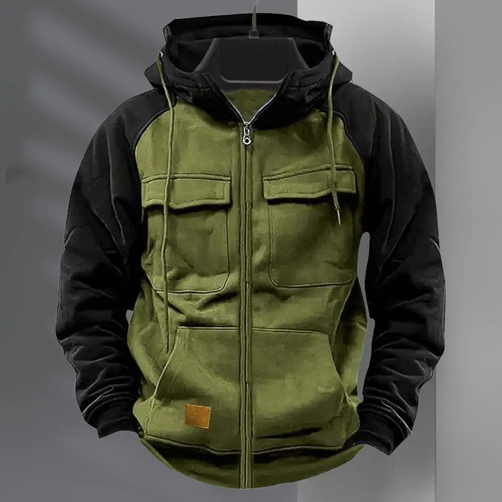 2024 Retro Cargo Hoodies Men's Half Zipper Solid Warm Fleece Sweatshirts Multi Pockets Male Hooded Jackets Thick Outdoor Hooded