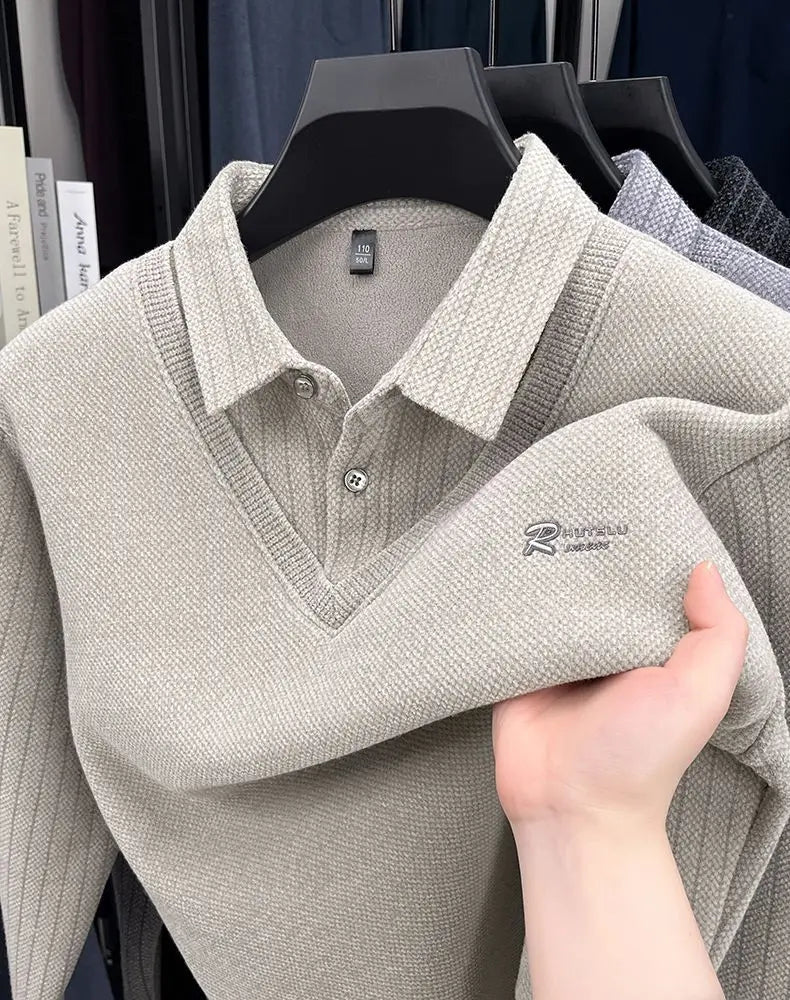 Mens Sweater Polo Collar Label Patchwork Stripes Plush Wool Liner Knitted Thickened Sweater Brand Luxury Print Thermo Menswear
