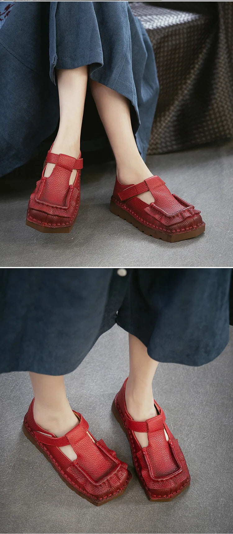 Johnature 2026 Spring New Square Toe Thick Soled Comfortable Commuter Women's Shoes Retro Genuine Leather Flats