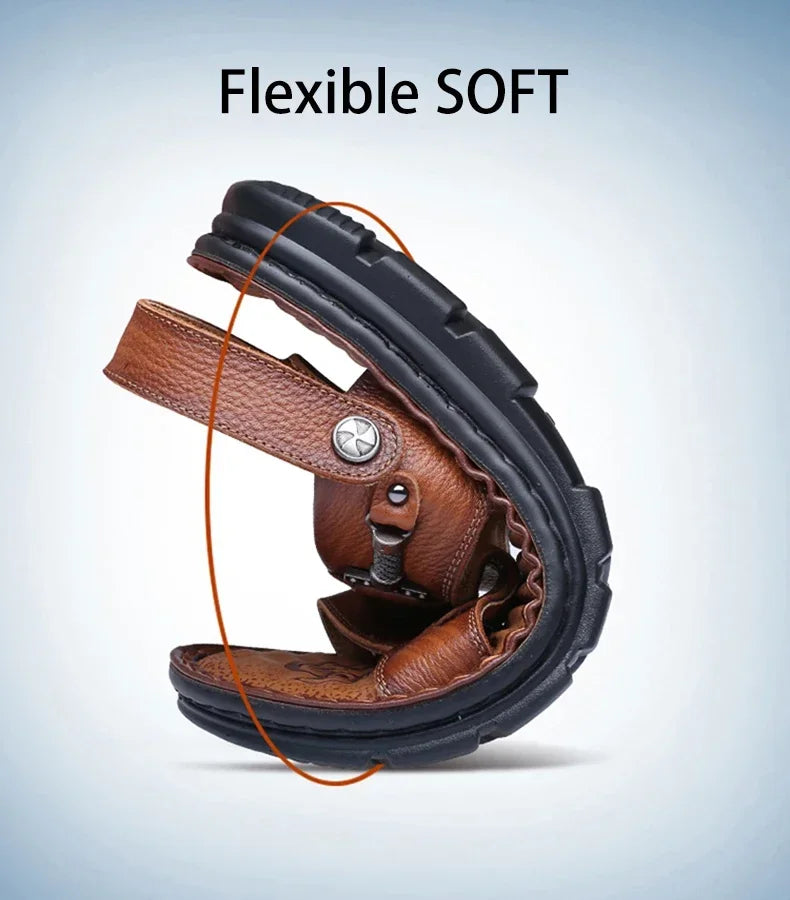 LAORENTOU leather male sandals casual beach shoes wear non-slip sandals and sliers cowhide