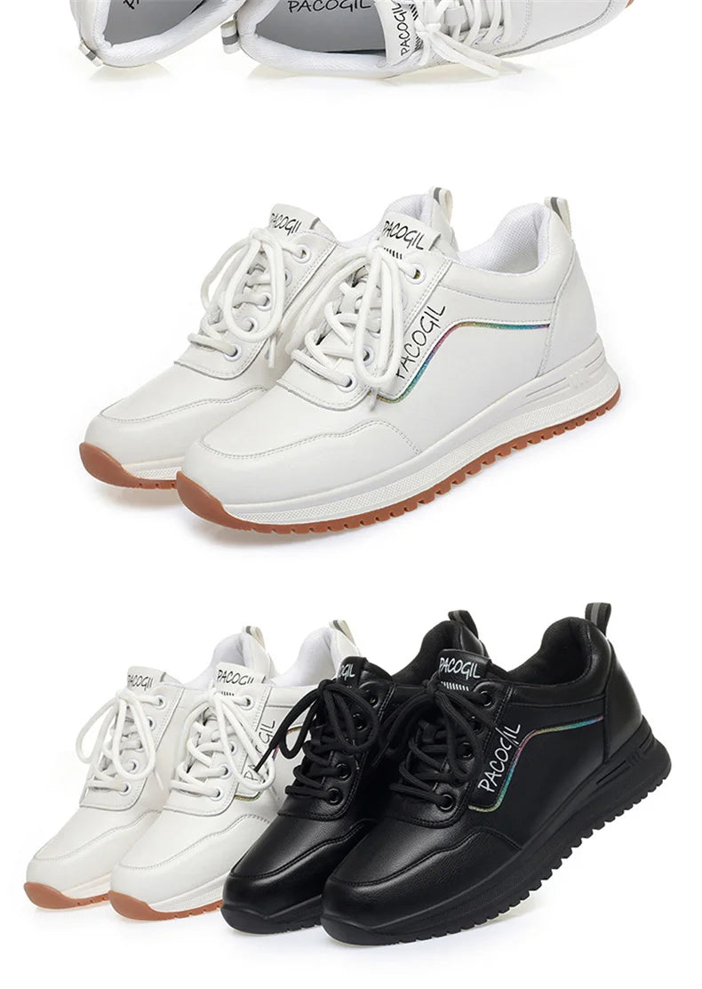 Women Versatile Non-slip Spring Autumn Soft Sole Soft Leather Shoes Fashion Breathable Lace-Up Solid Casual Flat Sneakers