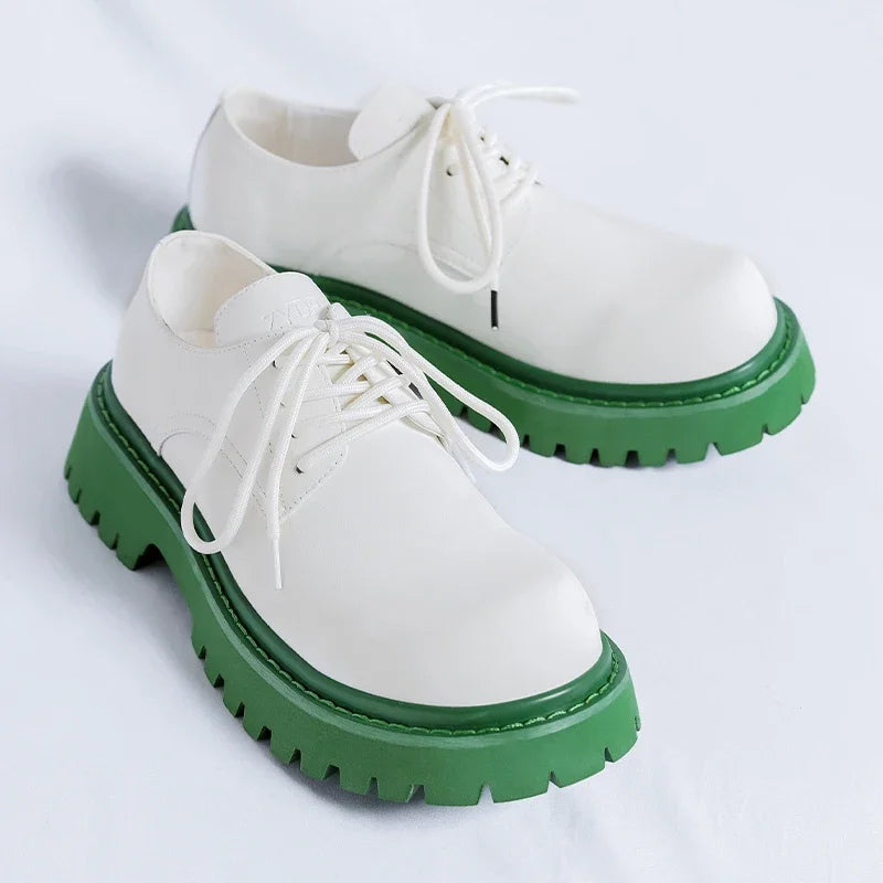 Brand Men's Lace Up Oxford Shoes Thick Sole Business Wedding Shoes Round Toe Green Sole Platform British Outdoor Casual Shoes