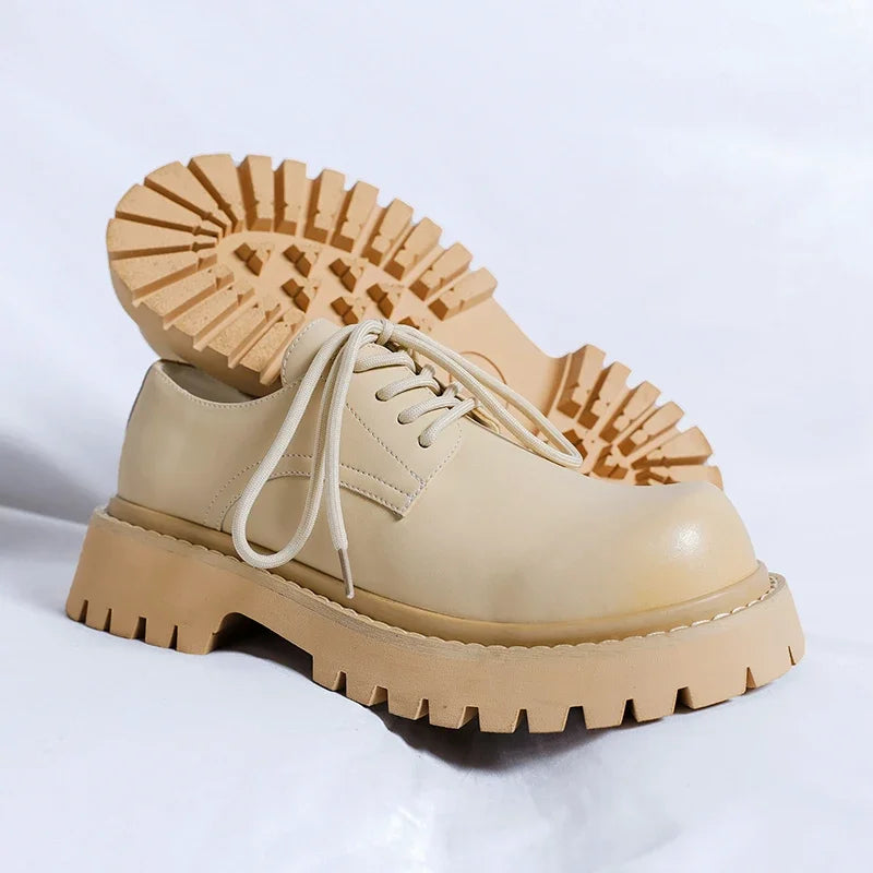 Brand Men's Lace Up Oxford Shoes Thick Sole Business Wedding Shoes Round Toe Green Sole Platform British Outdoor Casual Shoes