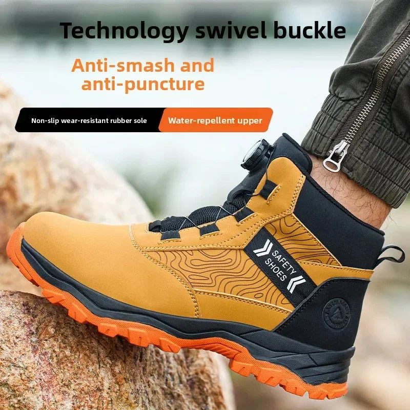 Waterproof Steel Toe Work Shoes Anti Crush Slip Resistant with Rotating Buckle No Tie Cross-Border Labor Protection Shoes