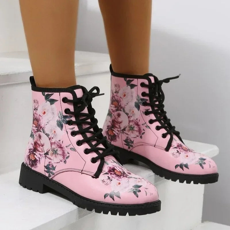 Comemore Spring 2025 Boots Leather Toe Lace-up Mid-tube Flat Pink Leather Boots Fashion Women's Low Heel Boot Shoes Plus Size 46