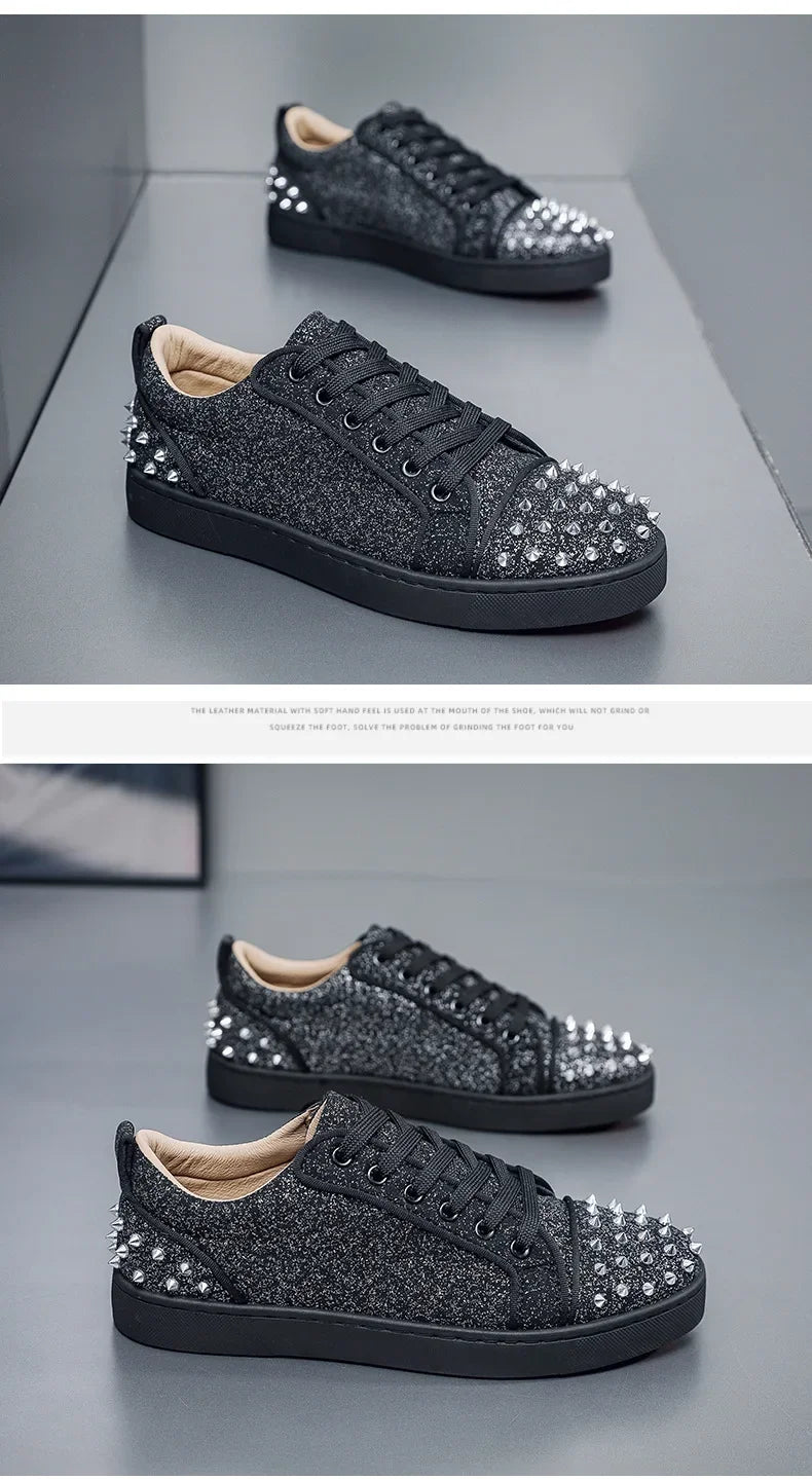 Trend Men Leather Casual Shoes Punk Style Rivet Flat Skate Shoes Young Man Street Black Sneaker