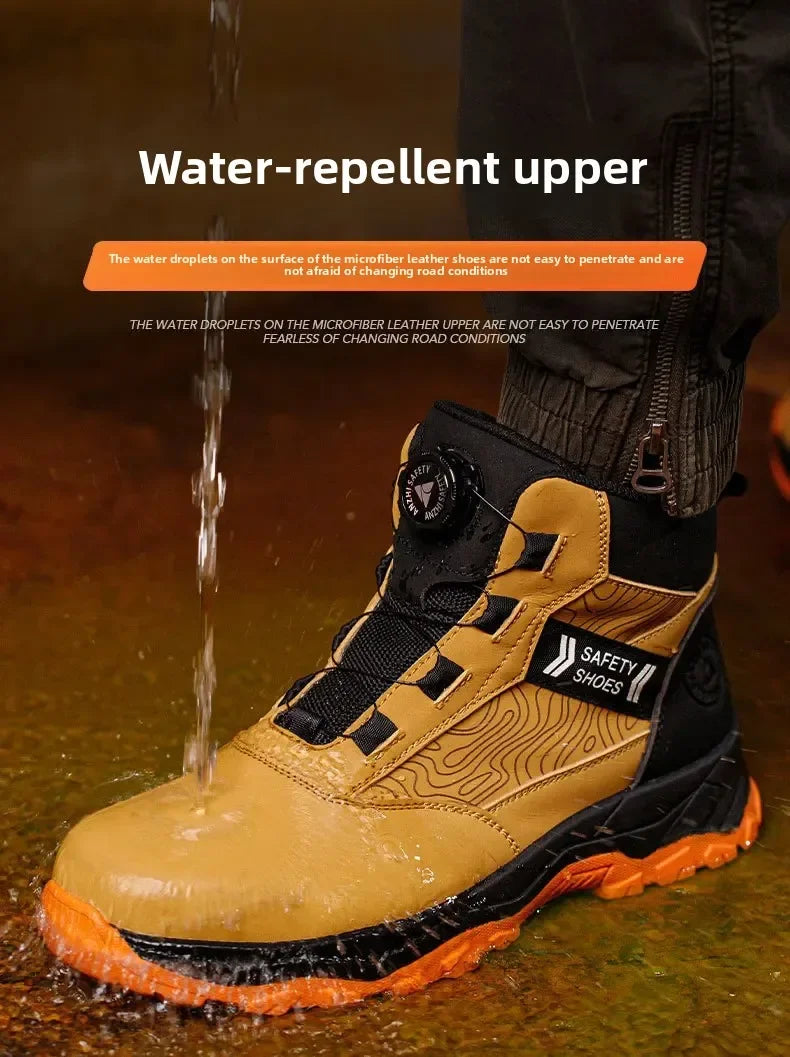 Waterproof Steel Toe Work Shoes Anti Crush Slip Resistant with Rotating Buckle No Tie Cross-Border Labor Protection Shoes