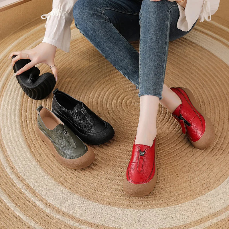 Top quality front zip red loafers woman slip-on geunine leather shoes designer womens oxford sneakers plus size female shoe