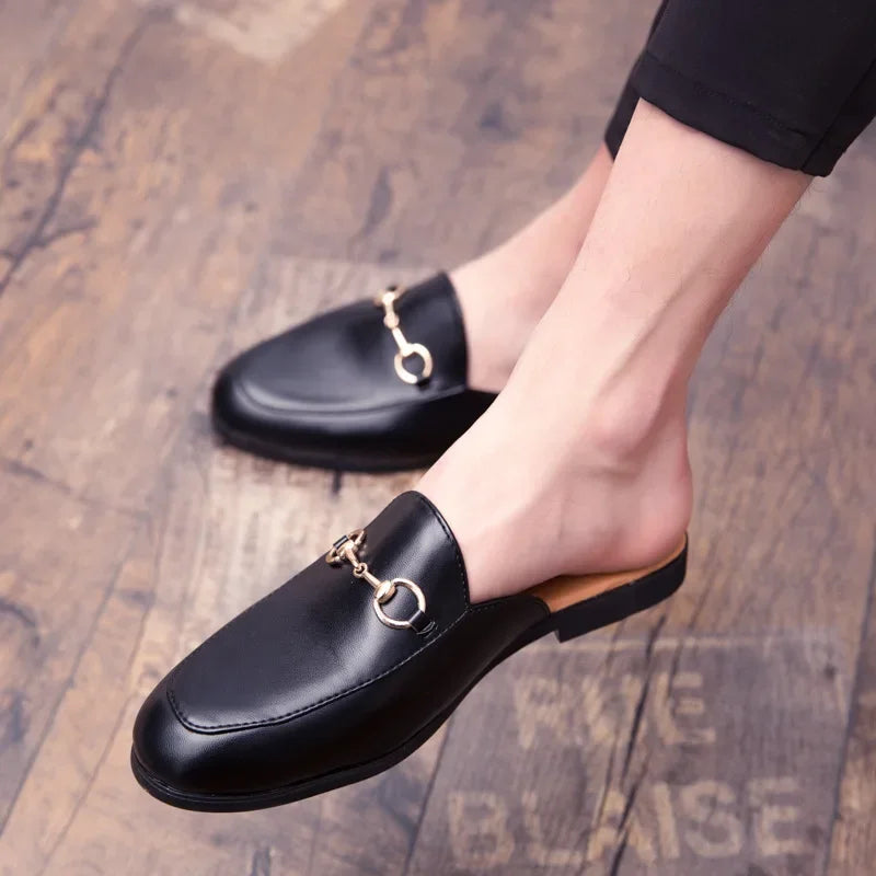 New Casual Men's Shoes Large Size 45 Fashionable British Style Slip-On Lazy Half Slippers Breathable PU Leather Comfortable