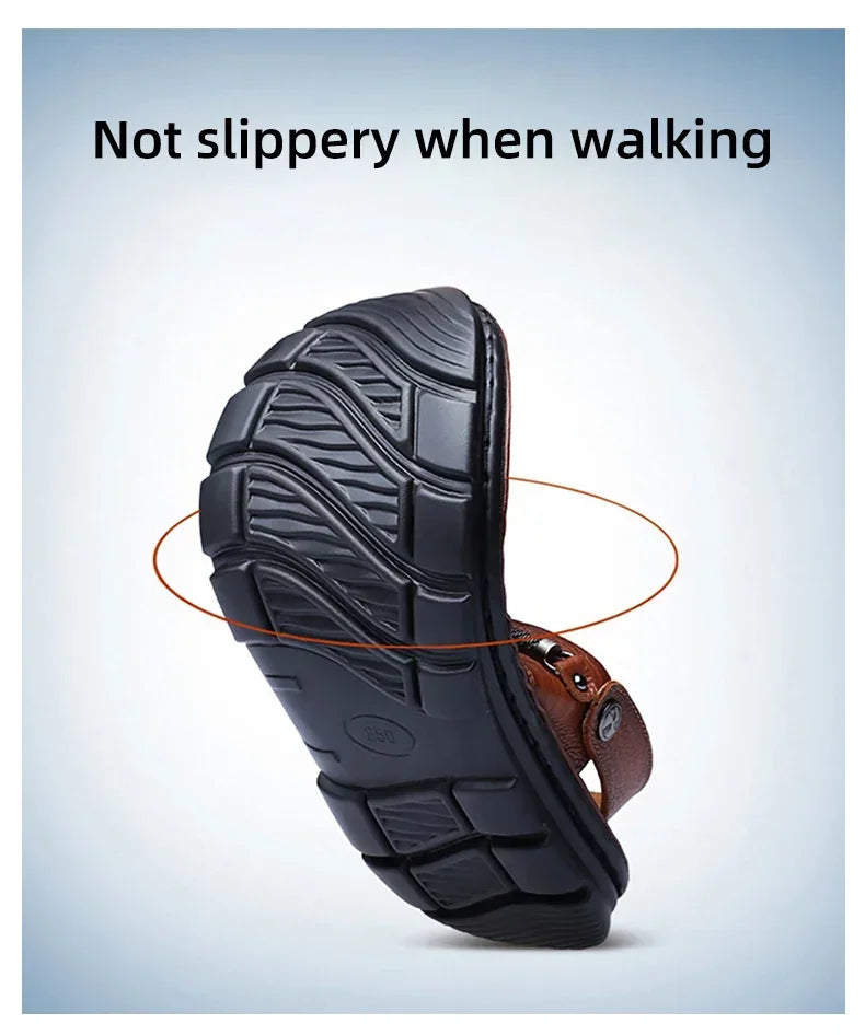 LAORENTOU leather male sandals casual beach shoes wear non-slip sandals and sliers cowhide