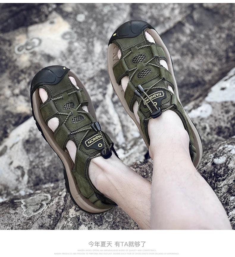 Men Summer Beach Sandals Outdoor Non-slip Wading Shoes Fisherman Leather Breathable Hiking Non-slip Sandals Sandalia Masculina