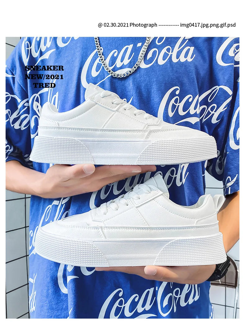 Men White Shoes Leather Casual Sneakers  Trend Platform Shoes Comfortable Vulcanized Shoes for Men White Tenis Masculinos