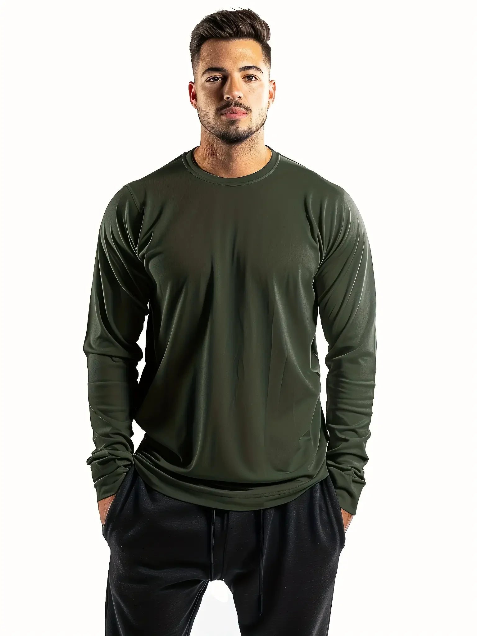 5-piece men's solid color round neck long sleeved T-shirt, versatile design, comfortable and fashionable