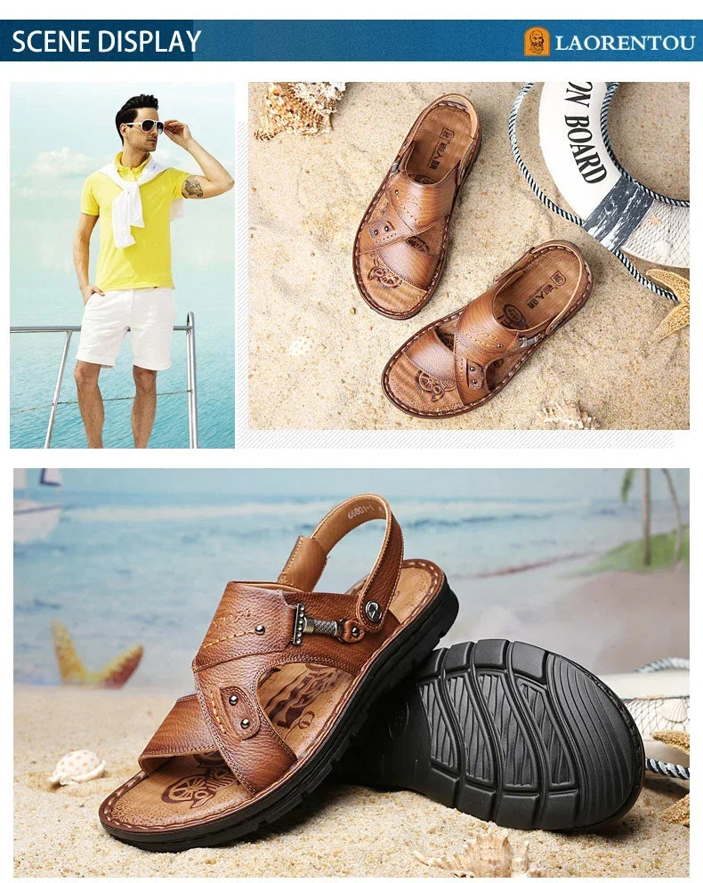 LAORENTOU leather male sandals casual beach shoes wear non-slip sandals and sliers cowhide