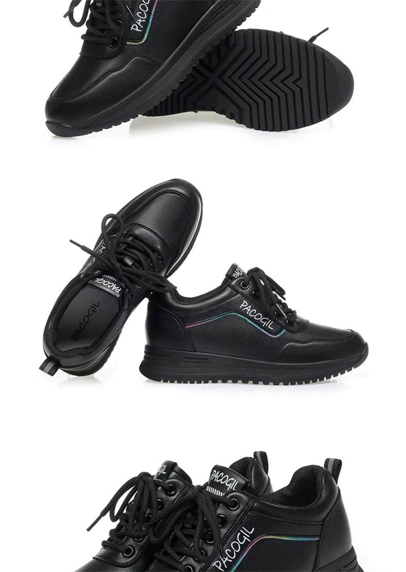 Women Versatile Non-slip Spring Autumn Soft Sole Soft Leather Shoes Fashion Breathable Lace-Up Solid Casual Flat Sneakers