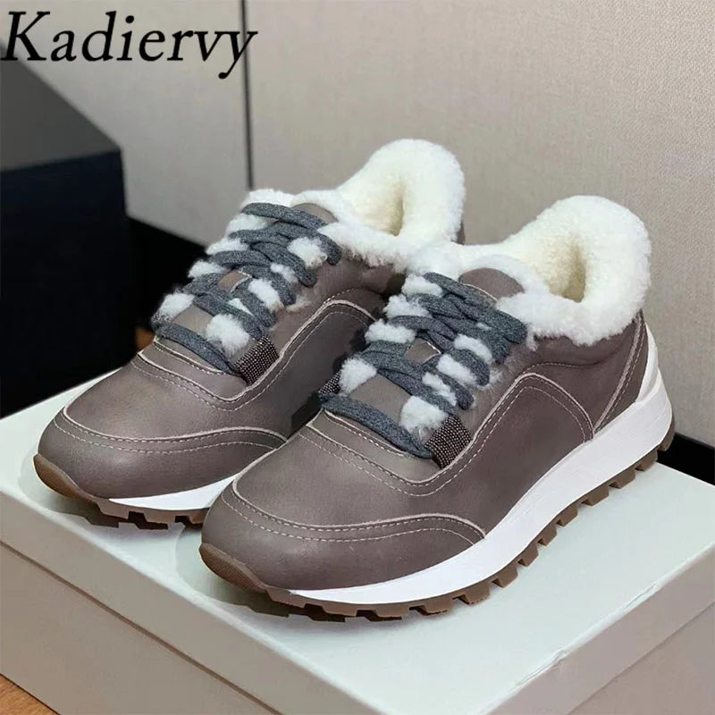 Casual New Sneakers Woman Round Toe Lace Up Outdoors Shoes Cow Suede Patchwork String Bead Comfort Flat Women's Sports Shoes