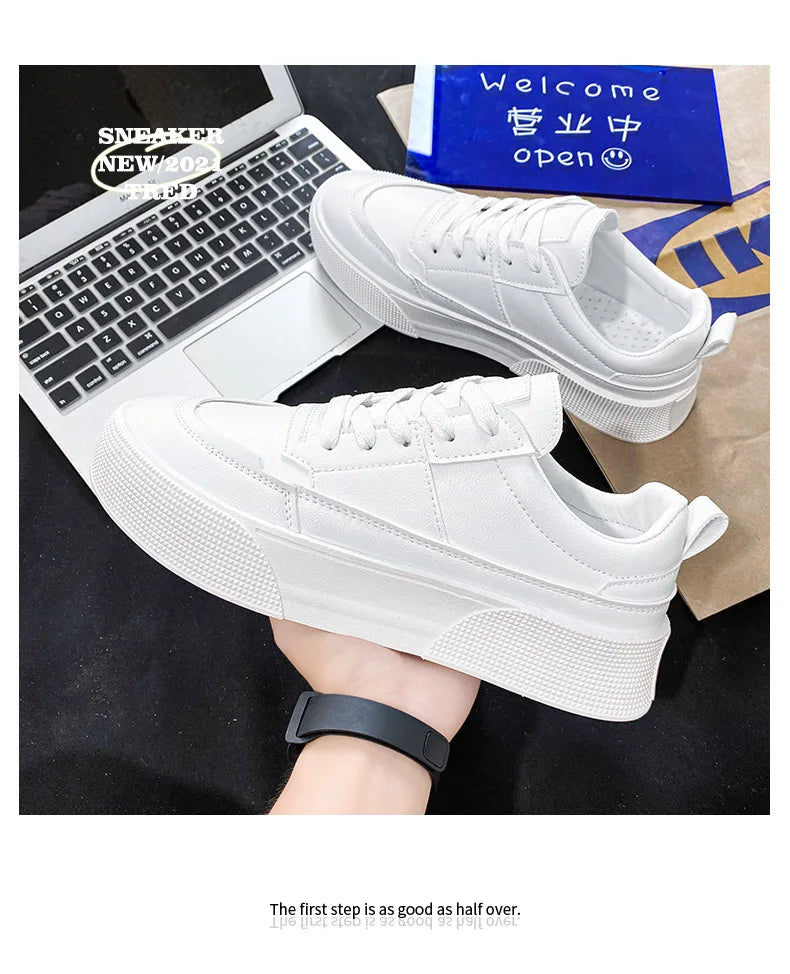 Men White Shoes Leather Casual Sneakers  Trend Platform Shoes Comfortable Vulcanized Shoes for Men White Tenis Masculinos
