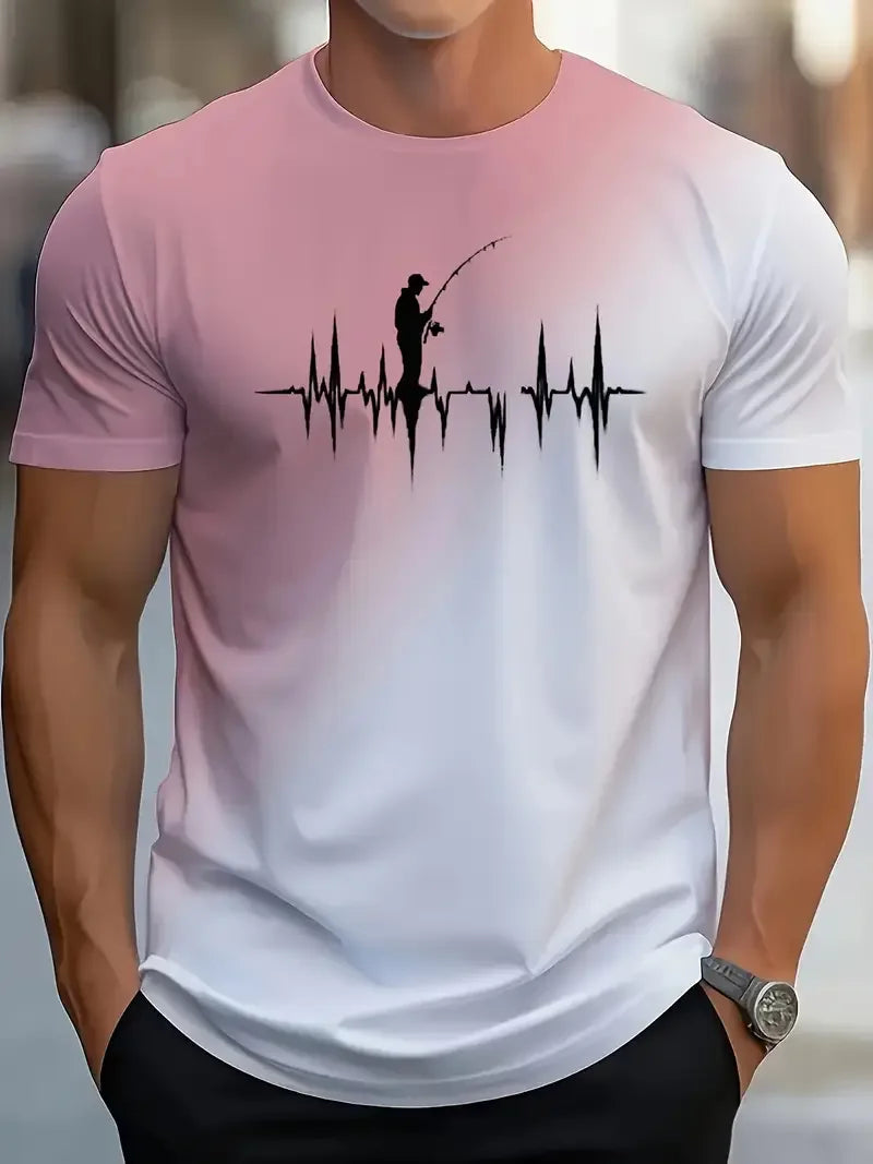 New Men's Casual Gradient Fishing Pattern 3D Print Short Sleeve T-shirt Summer Breathable Sports Outdoor Fishing Enthusiasts Top