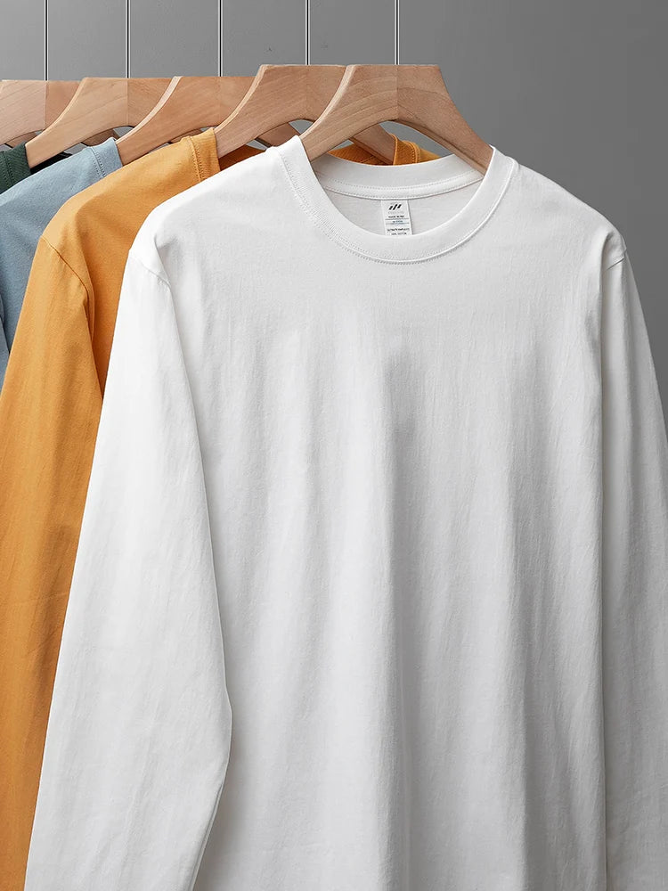 DUKEEN Men's 260G Long Sleeve T Shirts 2025 Spring Pure Cotton Solid Color Basic Crew-Neck Undershirt Men's Loose Tops 11 Color