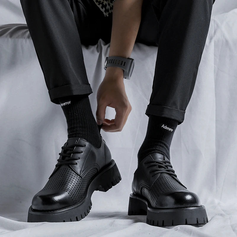 Men Korea Leather Platform Oxfords Slip On Thick Tottom For Male Derby Shoes Casual Loafers Mens Square Toe Formal Dress Shoes