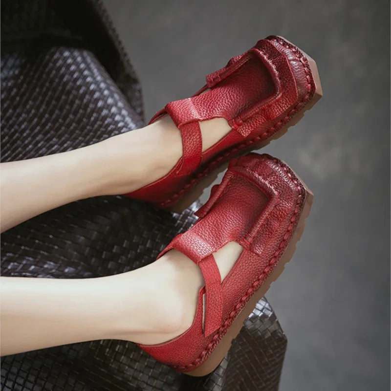 Johnature 2026 Spring New Square Toe Thick Soled Comfortable Commuter Women's Shoes Retro Genuine Leather Flats