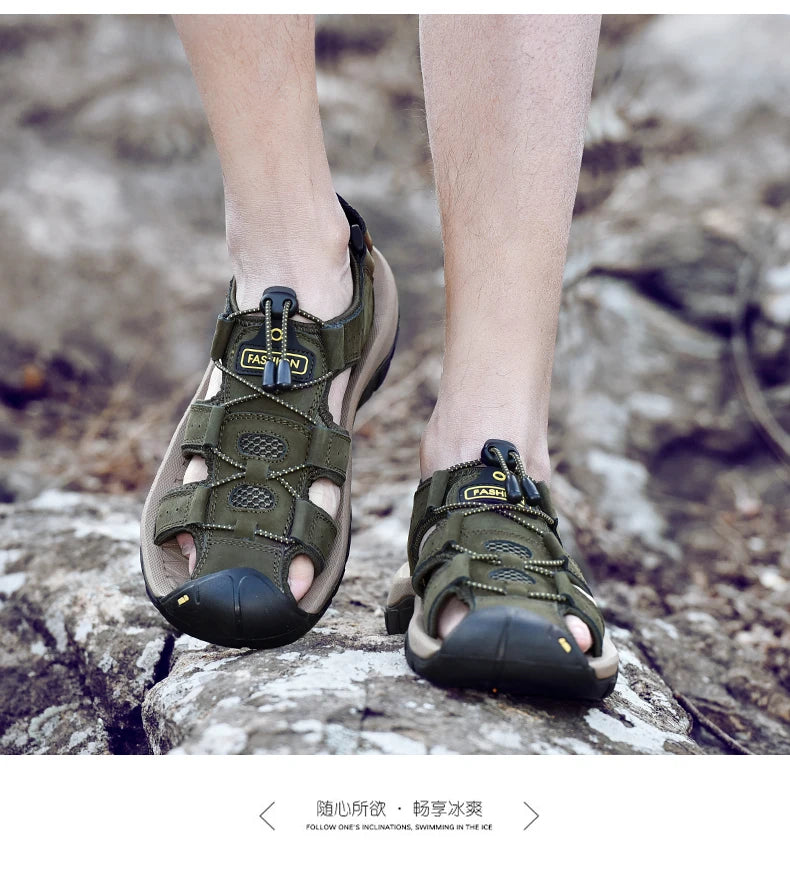Men Summer Beach Sandals Outdoor Non-slip Wading Shoes Fisherman Leather Breathable Hiking Non-slip Sandals Sandalia Masculina