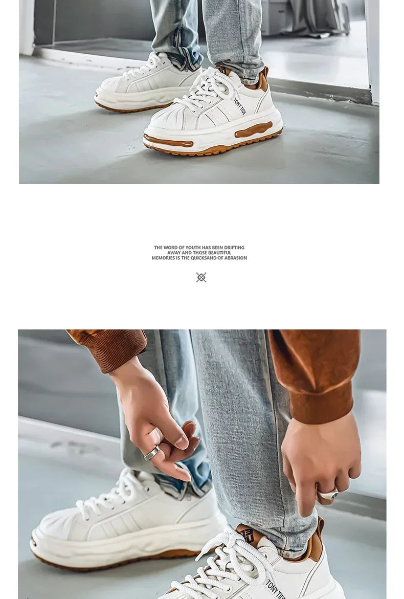 Men's Sneakers Design Printing Leather Casual Sports Shoes Fashion Comfortable Height Increased Flat Platform Skateboard Shoes