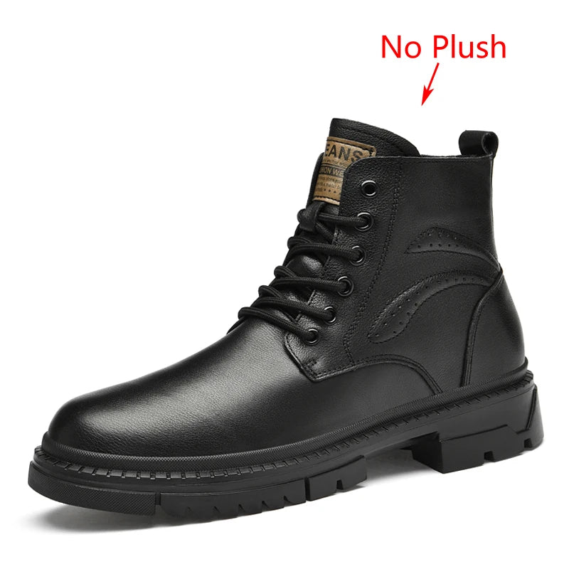 Men's Black Leather Boots Side Zipper Lace-Up Ankle Boots Non-Slip Platform Combat Boots for Casual Work Outdoor Big Size 49 50