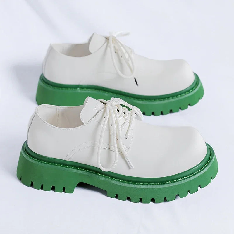 Brand Men's Lace Up Oxford Shoes Thick Sole Business Wedding Shoes Round Toe Green Sole Platform British Outdoor Casual Shoes